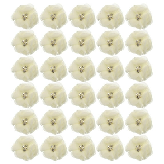 Artificial Rhinestone Chiffon Flower Heads, Beige Faux Flowers 2 Inch 30Pcs