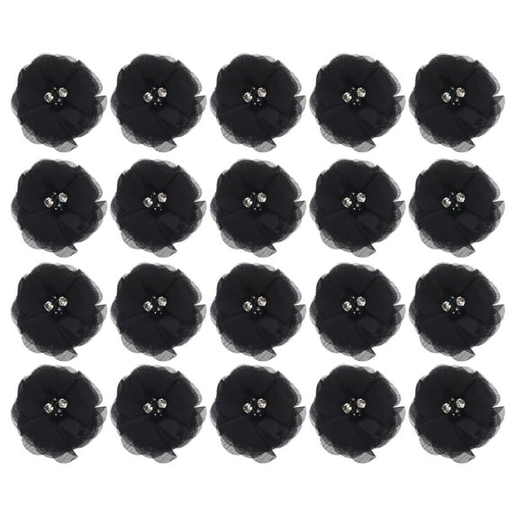 Artificial Rhinestone Chiffon Flower Heads, Black Faux Flowers 2 Inch 20Pcs