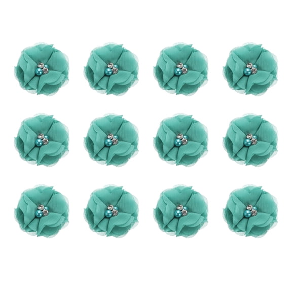 Artificial Rhinestone Chiffon Flower Heads, Blue Faux Flowers 2 Inch 12Pcs