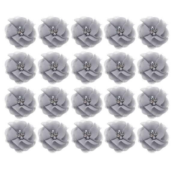 Artificial Rhinestone Chiffon Flower Heads, Grey Faux Flowers 2 Inch 20Pcs
