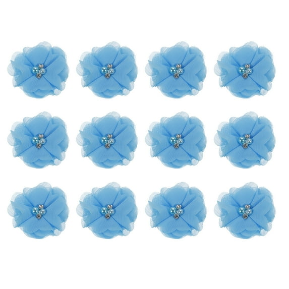 Artificial Rhinestone Chiffon Flower Heads, Lake Blue Faux Flowers 2 Inch 12Pcs