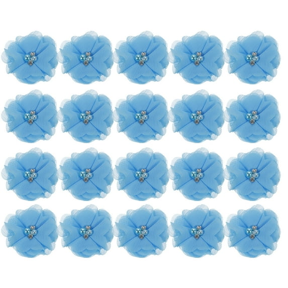 Artificial Rhinestone Chiffon Flower Heads, Lake Blue Faux Flowers 2 Inch 20Pcs