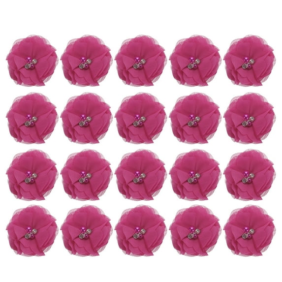 Artificial Rhinestone Chiffon Flower Heads, Rose Red Faux Flowers 2 Inch 20Pcs