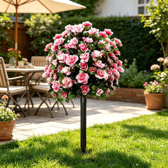 Artificial Rhododendron Tree Outdoor Faux Flower Stake - Lifelike Plastic Decorative Plant for Garden Patio Party Wedding Decor- Weather-Resistant Artificial Flowers