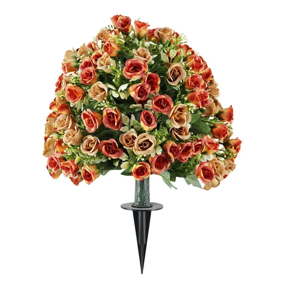 Artificial Rose Ball Topiary Stake UV Resistant Faux Floral Sphere With Ground Spike For Spring Summer Garden Decor Patio Landscaping And Porch Decoration,Orange