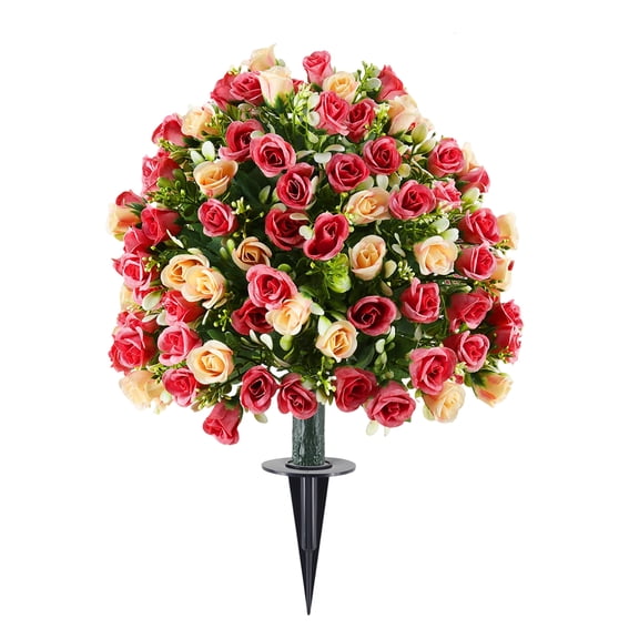 Artificial Rose Ball Topiary Stake UV Resistant Faux Floral Sphere With Ground Spike For Spring Summer Garden Decor Patio Landscaping And Porch Decoration,Red