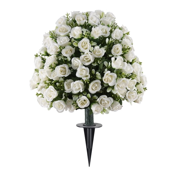 Artificial Rose Ball Topiary Stake UV Resistant Faux Floral Sphere With Ground Spike For Spring Summer Garden Decor Patio Landscaping And Porch Decoration,White