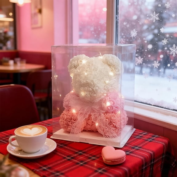 Artificial Rose Bear, Valentine's Day Flower Bear with Lights, 10 Inch, Clear Gift Box, Romantic Tabletop Decor, Valentine's Day Bear