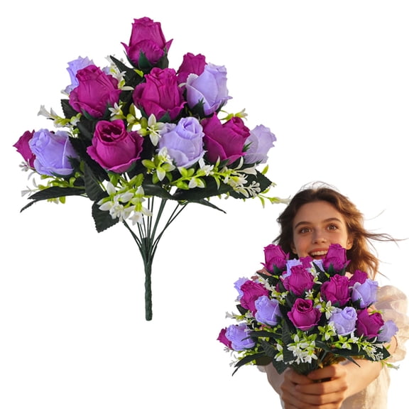Artificial Rose Bouquet 12 Heads Two Tone Faux Roses With Hydrangea Arrangement For Vase Wedding Centerpiece Bridal Shower Home Table Mantel Decor,1 Bundle,Rose-Purple