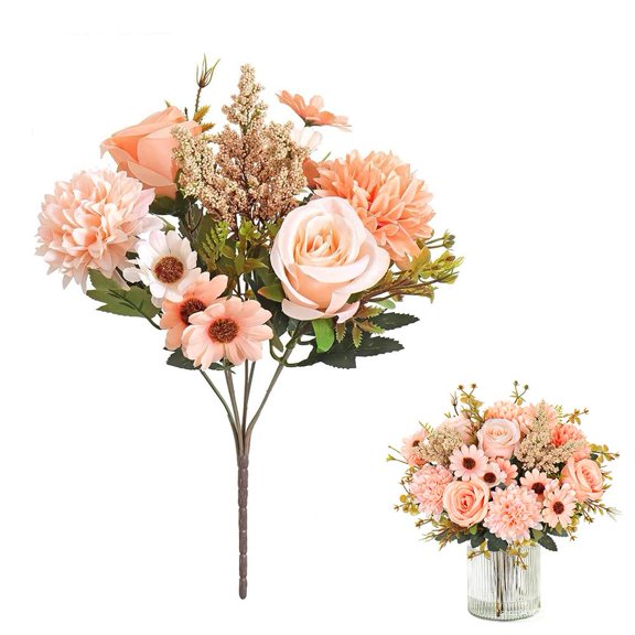 Artificial Rose Bouquet, 13in Silk Faux Flowers for Table Centerpiece Wedding Home Decor, Coffee