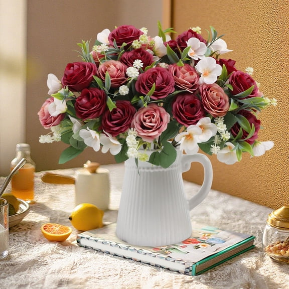 Artificial Rose Bouquet 2 Pack Fake Flowers for Wedding Decoration Home Office Shelf Decor - Simulated Small Fresh Floral Arrangements 11 Inch Photography Props