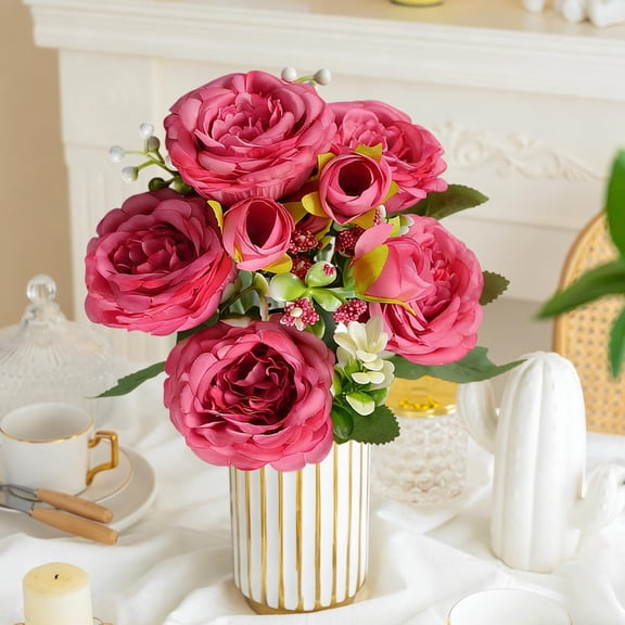 Artificial Rose Bouquet, 5 Branches Simulated Silk Philippos Rose Flowers, Romantic Table Centerpiece Home Decor Wedding Bridal Bouquet Floral Arrangement