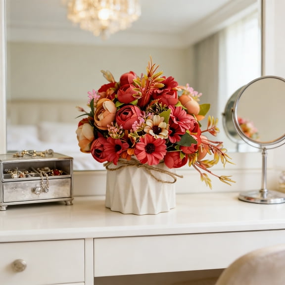 Artificial Rose Bouquet in Ceramic Vase, Silk Flower Arrangement for Home Decor, Christmas Table Centerpiece, Hostess Gift for Holiday Party, Fake Potted Roses for Mantel Display and Indoor Sopatenor