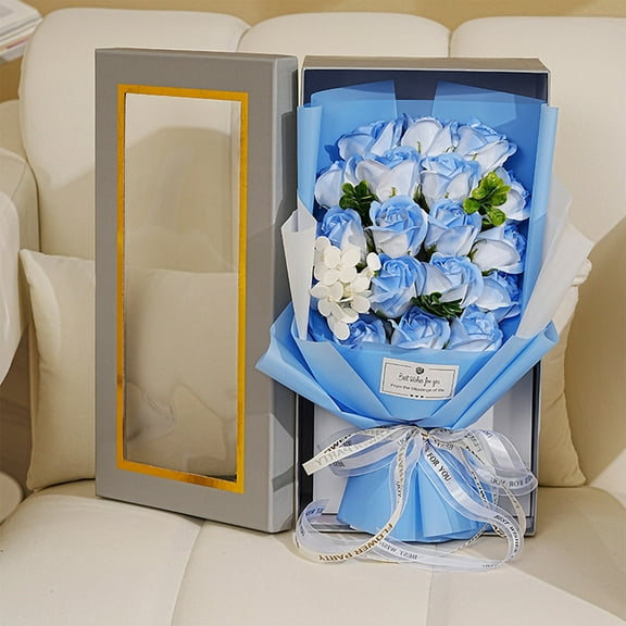 Artificial Rose Bouquet in Gift Box, Everlasting Flower Arrangement for Valentine's Day, Anniversary and Birthday Gifts, Long-Lasting Floral Display for Home Decor(Blue)