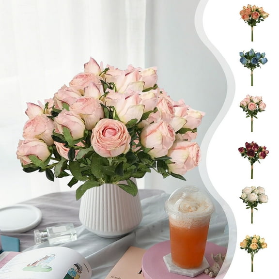 Artificial Rose Bouquet | Realistic Plastic Flowers 6-Piece Set | Red Pink Blue Orange Yellow White | 14.57in | Decorative Arrangement for Wedding Home Office Props | Lifelike Leaves and Buds