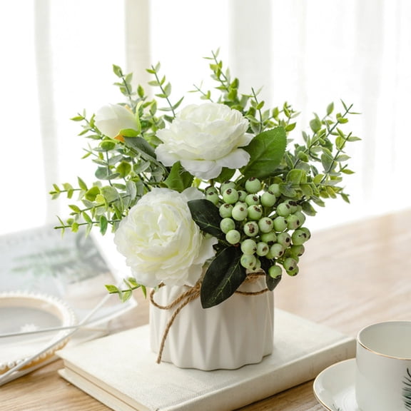 Artificial Rose Bouquet – Silk Fake Flower Arrangement | Ceramic Vase, Table Decor, White Home Centerpiece for Dining Room, Office, Party, Wedding | 8.5 in