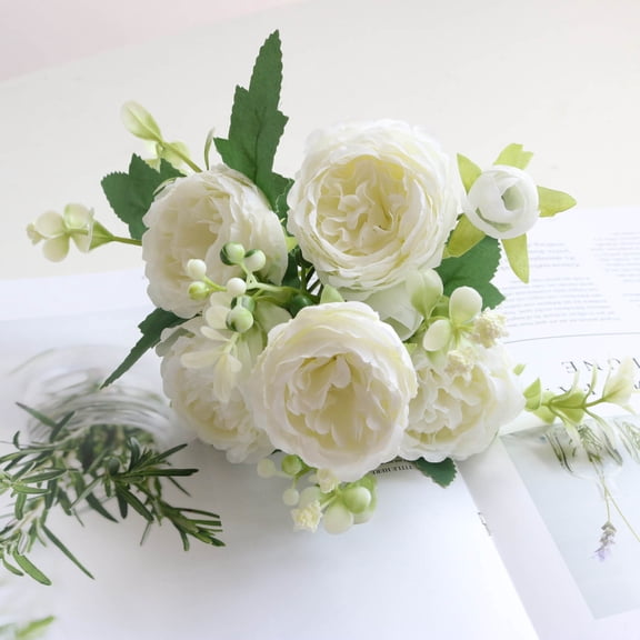 Artificial Rose Bouquet - Small Fake Peony Bundle for Home Decor, Table Centerpieces & Wedding Floral Arrangements