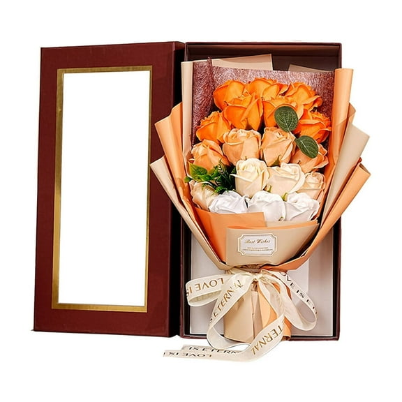 Artificial Rose Bouquet, Valentine’s Day Gift, 18 Orange Gradient Roses in Clear Box, Everlasting Flower Design, 37x20x12cm, Lightweight and Durable Decorative Arrangement