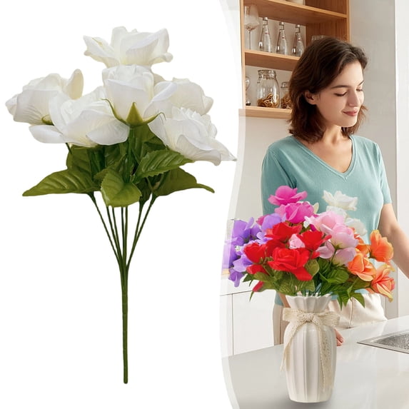 Artificial Rose Bouquet Verdsylv 35Cm Artificial Rose Bouquet - 7 Heads Faux Silk Roses For Wedding, Cemetery, & Year-Round Home Decor, Silk Roses, White