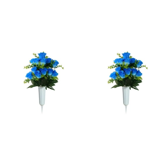 Artificial Rose Bouquet with Bucket, 12-Head Faux Flower Set for Cemetery Decorations and Memorial Arrangements Blue