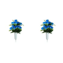 Artificial Rose Bouquet with Bucket, 12-Head Faux Flower Set for Cemetery Decorations and Memorial Arrangements Blue