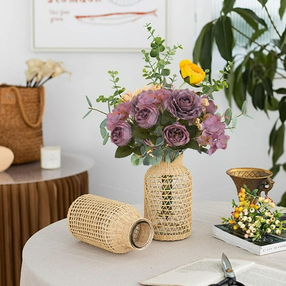 Artificial Rose Bouquet with Realistic Green Leaves and Buds for Home Office Wedding Decor