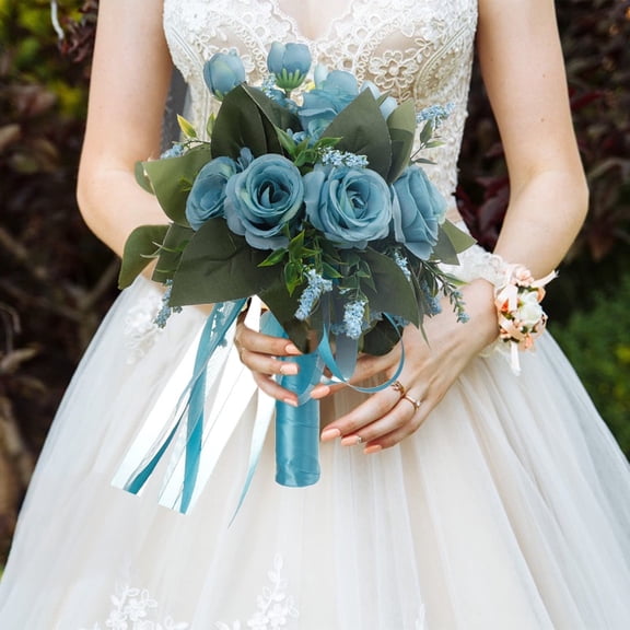 Artificial Rose Bridal Bouquet for Wedding - 10.2" Silk Flower Bouquet with Ribbon, Pink/Blue/Purple/White - Bride & Bridesmaid Bouquets, Valentine's Day Gift, Home Decor