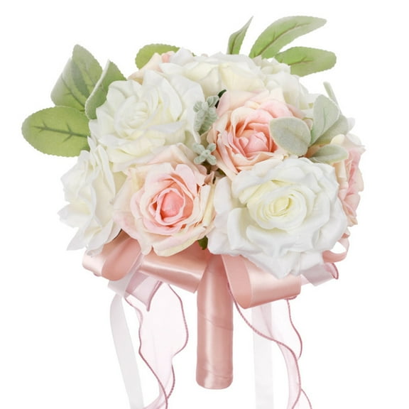 Artificial Rose Bridal Bouquet with Ribbon Handle  Lifelike Wedding Bouquet for Bride, Bridesmaids & Ceremony Decoration, White-Light Peach
