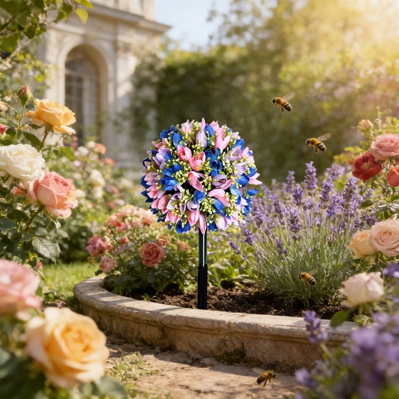 Artificial Rose Buds Topiary Ball Trees with Flowers, UV Resistant No Fade Outdoor Faux Plants with Ground Spike, Fake Shrubs for Garden, Patio, Porch, Yard, Indoor Décor
