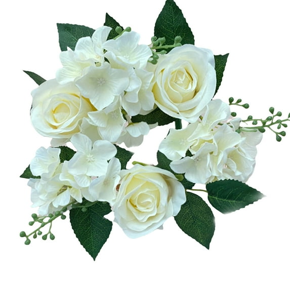 Artificial Rose Candle Ring Garland, Silk Flower Candle Holder Decor for Wedding Centerpiece Party Home Table Decoration(White)