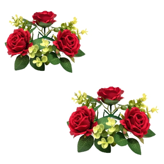 Artificial Rose Candle Ring Wreaths, Faux Floral Silk Flower 2 pcs Table Centerpiece Dining Room Wedding Ceremony Event Home Desktop Shelf Votive Holder Decoration Red