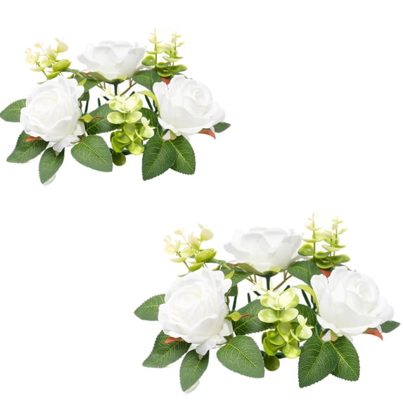 Artificial Rose Candle Ring Wreaths, Faux Floral Silk Flower 2 pcs Table Centerpiece Dining Room Wedding Ceremony Event Home Desktop Shelf Votive Holder Decoration White