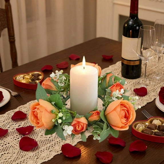 Artificial Rose Candle Rings, Floral Wreath Centerpieces, Candlestick Embellishment, for Party Wedding Table Decor