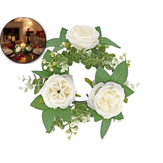 Artificial Rose Candle Rings, Floral Wreaths with Eucalyptus Leaves Greenery Garland for Pillar Candle Lantern Wedding Centerpiece Party Home Table Decor