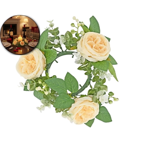 Artificial Rose Candle Rings, Floral Wreaths with Eucalyptus Leaves Greenery Garland for Pillar Candle Lantern Wedding Centerpiece Party Home Table Decor