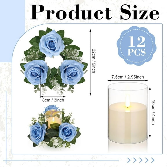 Artificial Rose Candle Rings Wreaths 3 Inch Wedding Centerpiece LED Flameless Candles Eucalyptus Rings for Centerpiece for Tables Party Valentine Mother's Day Decoration(Blue,12 Pcs)