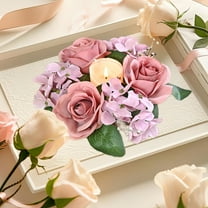 Artificial Rose Embroidery Ball Flower 3 Inches Candle Rings Wreaths Center Eucalyptus Leaves Wreaths Small Boho Wreath Pillar Candle Holder for Easter Wedding Home Door Tabletop Decoration