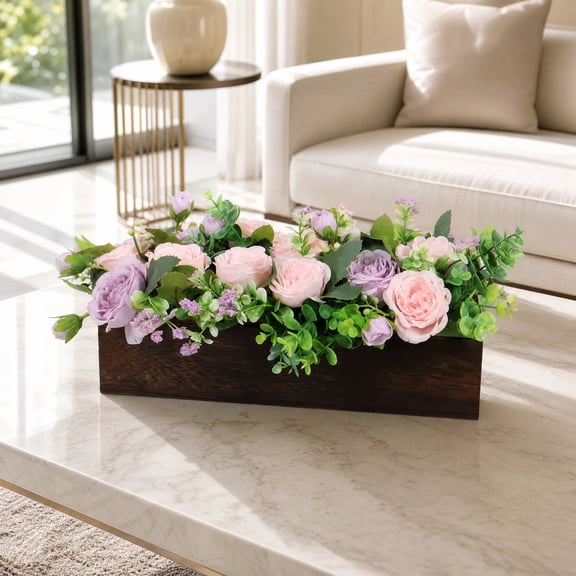 Artificial Rose Floral Arrangement in Wooden Box 16 in, Faux Peony Rose Bouquet Centerpiece Accent Decor Supply Feature Element Item for Table, Window.