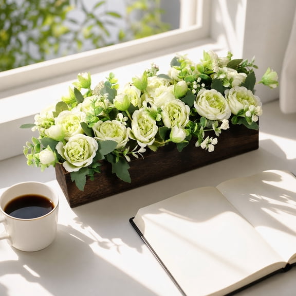 Artificial Rose Flower Arrangement Wooden Box Faux Floral Centerpiece Pre Made Bouquet Table Decor Lifelike Fake Flowers Window Sill Mantel Entryway Home Decoration Rustic Style Ornament