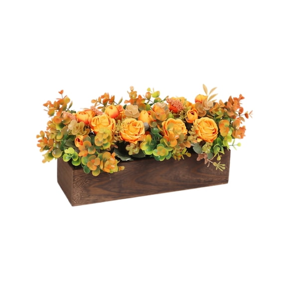 Artificial Rose Flower Arrangement with Wooden Rectangular Vase for Home Dining Table Centerpiece Decoration Faux Floral Display