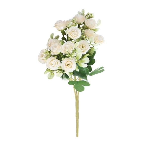 Artificial Rose Flower Bouquet, Faux Silk Mini Roses with Green Leaves, Fake Floral Bundle for Vase, Wedding Home Party Table Centerpiece, Indoor Outdoor DIY Floral Arrangement Decor