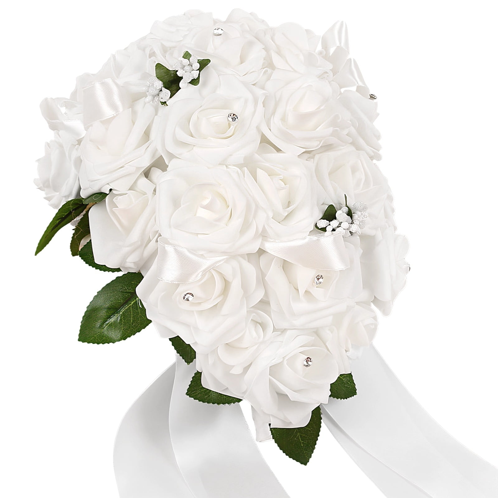 Elegant White Artificial Rose Bridal Bouquet - Luxury Faux Flower Arrangement for Weddings, Ceremonies & Bridal Showers - Stunning Foam Flowers with Rhinestones
