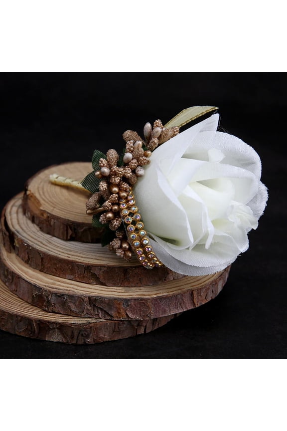 Artificial Rose Flower Boutonniere Corsage Brooch Pin Handmade Floral Silk Fabric for Grooms Groomsmen Bridal Bridesmaids Prom Party Wedding Decor , White and Gold