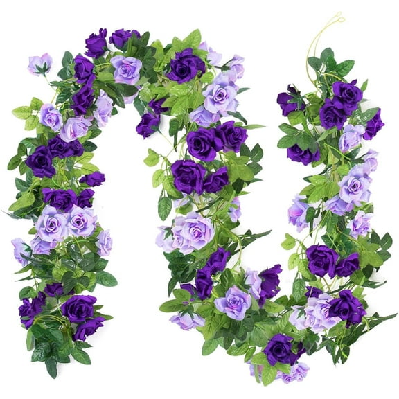 Artificial Rose Flower Garland, 3.7FT Fake Vines Silk Flowers Hanging Rose Ivy for Wedding Arch Decorations Room Party Home Garden Hotel Office Wall Decor (Purple)