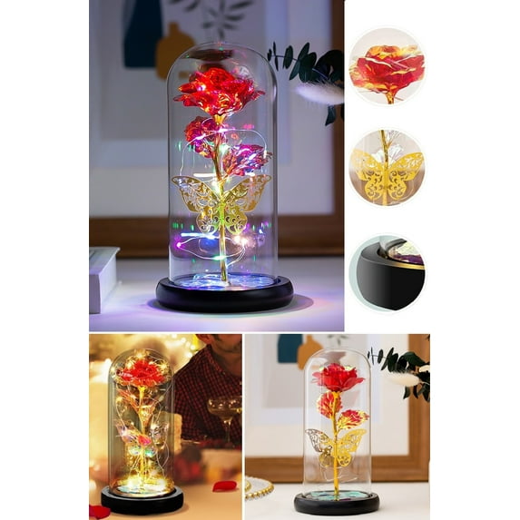 Artificial Rose Flower in Glass Gnome with LED Lights Butterfly, Galaxy Rose Gifts for Women Mom Wife Girlfriend on Mother’s Day Wedding, Christmas, Valentine's Day, Red