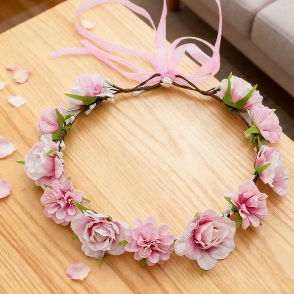 Artificial Rose Flower Hair Crown - Easter Green Leaves Headband, Chic Festival Party Accessory for Women Girls Celebrations, Pink