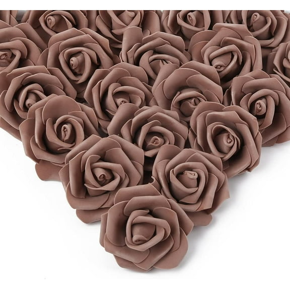 Artificial Rose Flower Heads, Real Looking Light Brown Foam Fake Roses for DIY Wedding Baby Shower Centerpieces Arrangements Party Tables Home Decorations (Light Brown, Stemless)