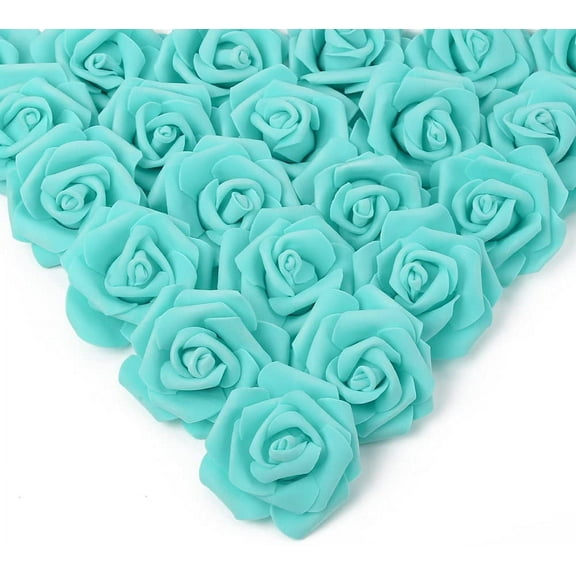 Artificial Rose Flower Heads, Real Looking Teal Green Foam Fake Roses for DIY Wedding Baby Shower Centerpieces Arrangements Party Tables Home Decorations (Teal Green, Stemless)