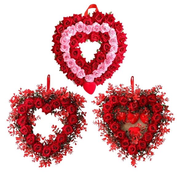 Artificial Rose Flower Heart Shaped Wreath with Ribbon Hanging Loop for Indoor Outdoor Wall Door Decoration
