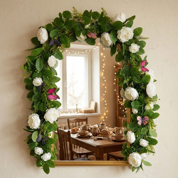 Artificial Rose Flower Vine, Faux Greenery Garland, for Mirror Frame Decor, Home Wedding Hanging Ornament, Pipe Hiding Decoration